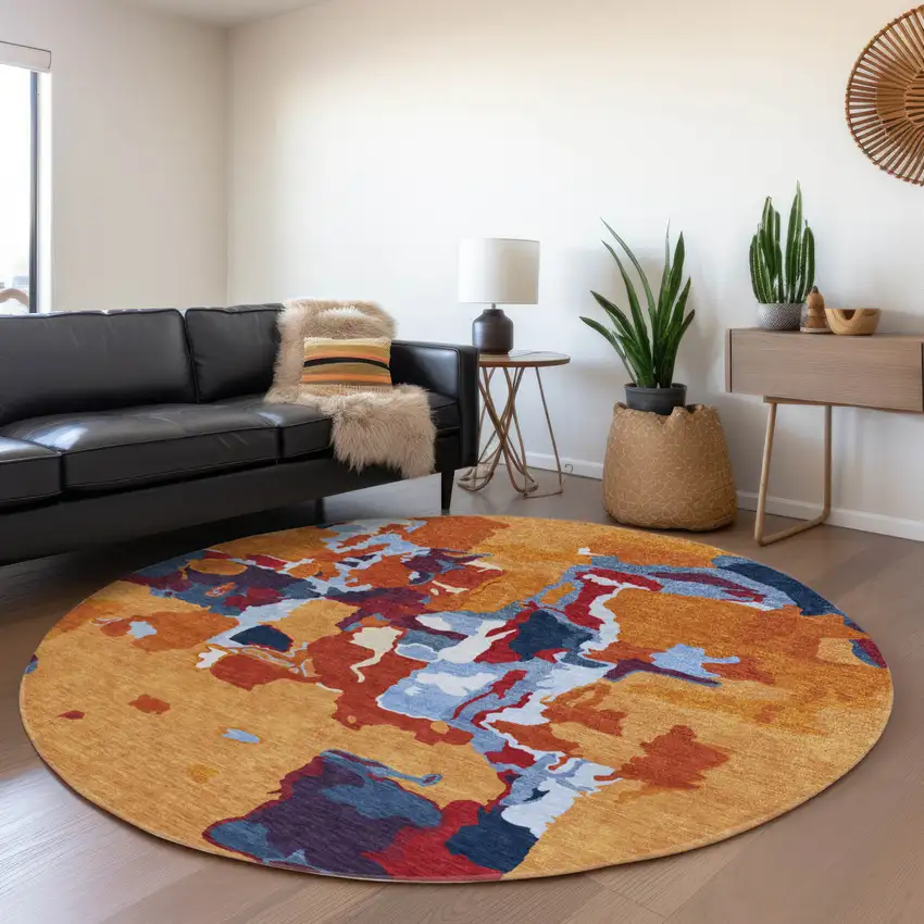 8' Copper Gray And Burgundy Round Abstract Washable Indoor Outdoor Area Rug Photo 8