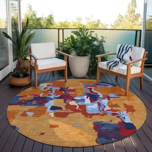 Photo of 8' Copper Gray And Burgundy Round Abstract Washable Indoor Outdoor Area Rug