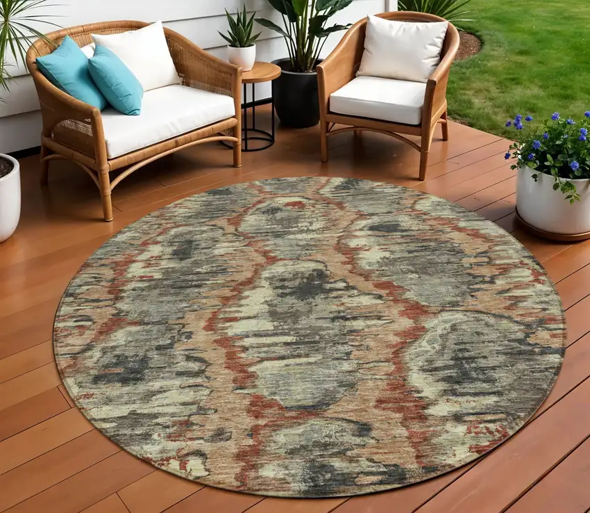 8' Copper Gray And Charcoal Round Abstract Washable Indoor Outdoor Area Rug Photo 1