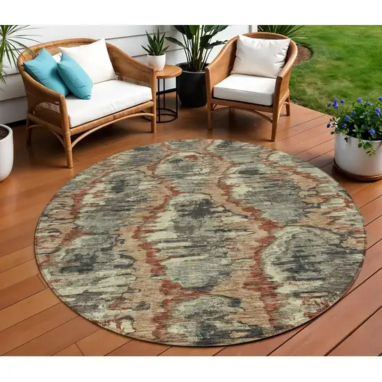 8' Copper Gray And Charcoal Round Abstract Washable Indoor Outdoor Area Rug Photo 1