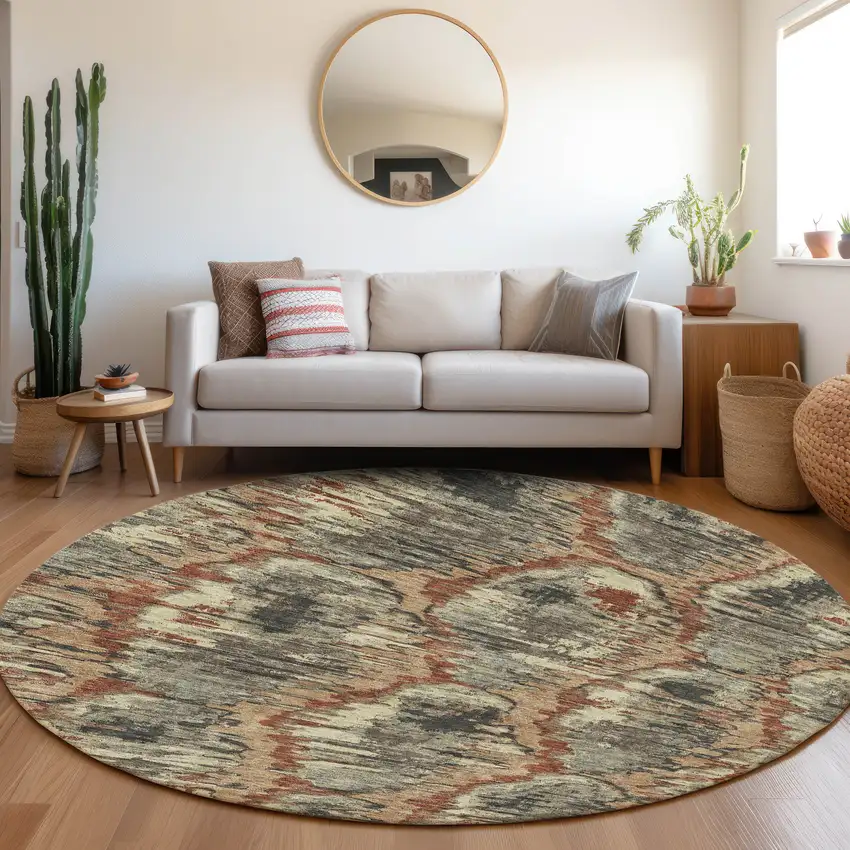 8' Copper Gray And Charcoal Round Abstract Washable Indoor Outdoor Area Rug Photo 8