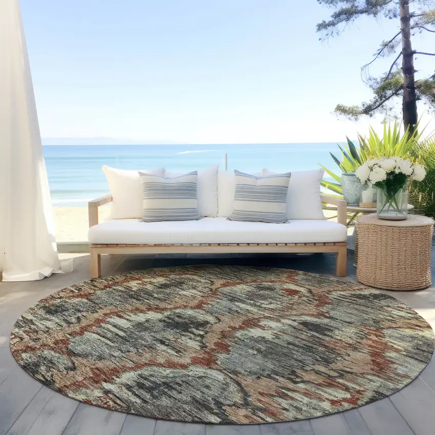 8' Copper Gray And Charcoal Round Abstract Washable Indoor Outdoor Area Rug Photo 7