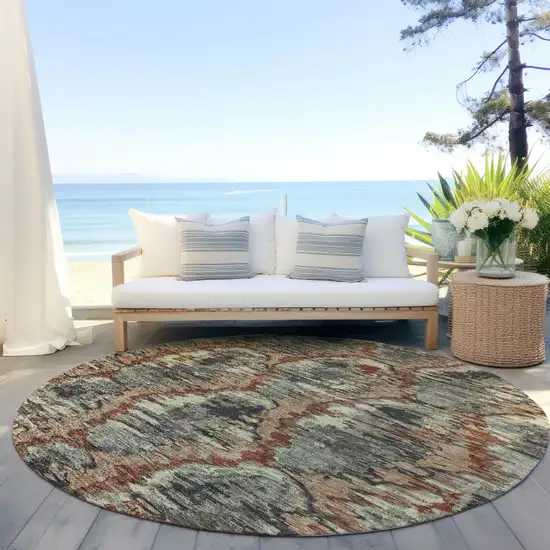 8' Copper Gray And Charcoal Round Abstract Washable Indoor Outdoor Area Rug Photo 7