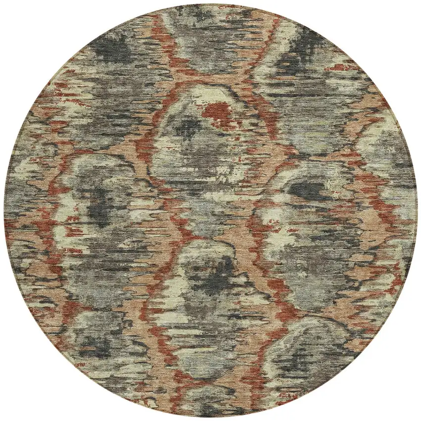 8' Copper Gray And Charcoal Round Abstract Washable Indoor Outdoor Area Rug Photo 6
