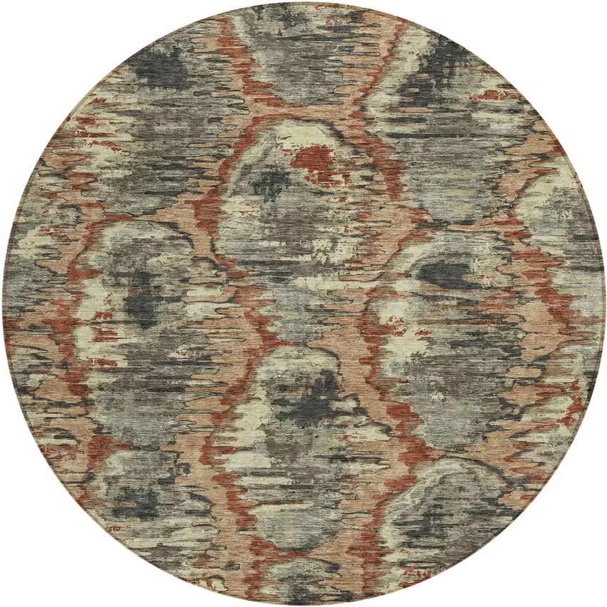 8' Copper Gray And Charcoal Round Abstract Washable Indoor Outdoor Area Rug Photo 1