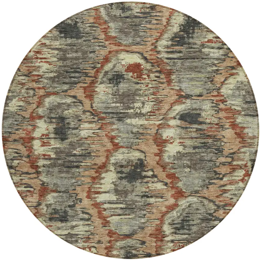 8' Copper Gray And Charcoal Round Abstract Washable Indoor Outdoor Area Rug Photo 1