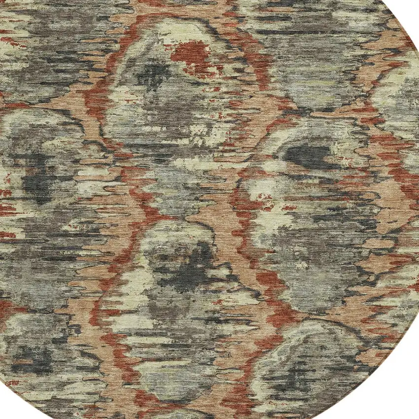 8' Copper Gray And Charcoal Round Abstract Washable Indoor Outdoor Area Rug Photo 5