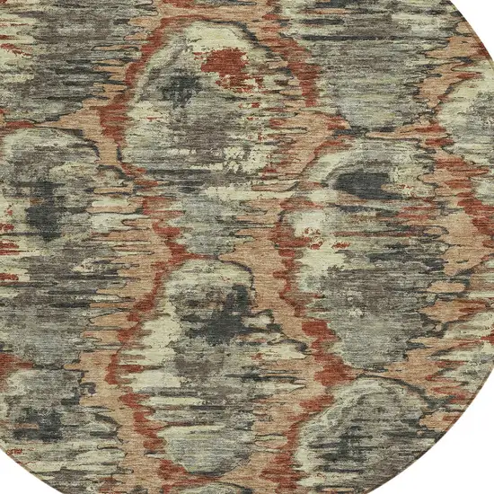 8' Copper Gray And Charcoal Round Abstract Washable Indoor Outdoor Area Rug Photo 5