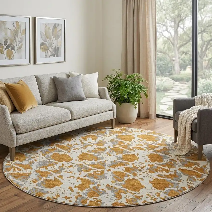 8' Copper Gray And Ivory Abstract Washable Round Rug With UV Protection Photo 1