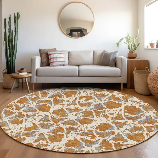 8' Copper Gray And Ivory Abstract Washable Round Rug With UV Protection Photo 4