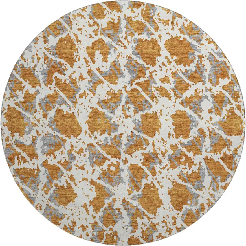 8' Copper Gray And Ivory Abstract Washable Round Rug With UV Protection Photo 1