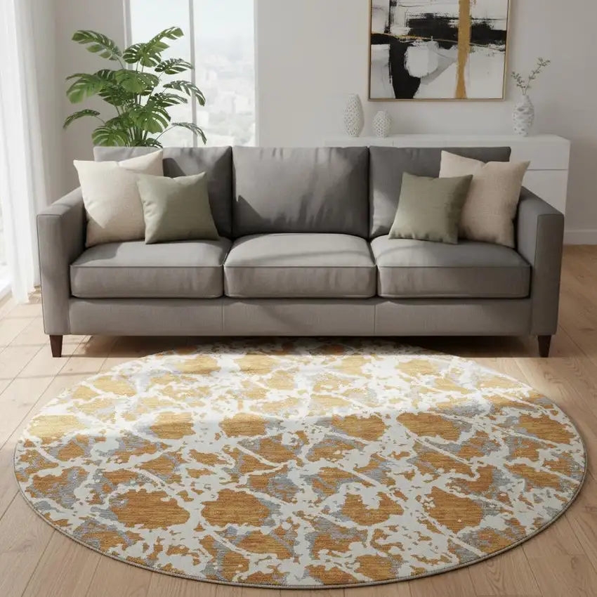 8' Copper Gray And Ivory Abstract Washable Round Rug With UV Protection Photo 2