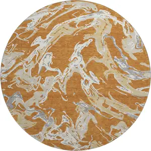Photo of 8' Copper Gray And Ivory Abstract Washable Round Rug With UV Protection