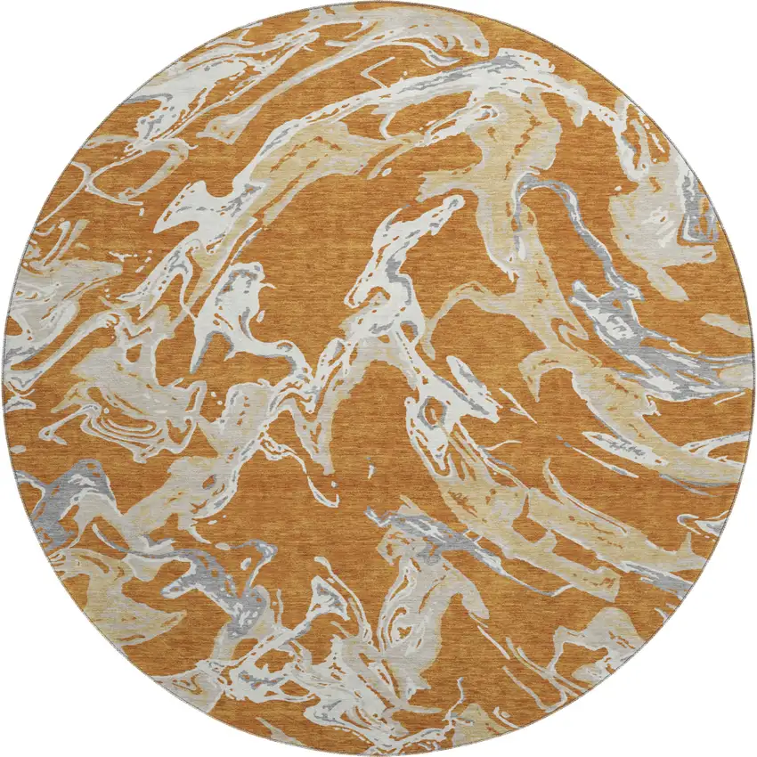 8' Copper Gray And Ivory Abstract Washable Round Rug With UV Protection Photo 1