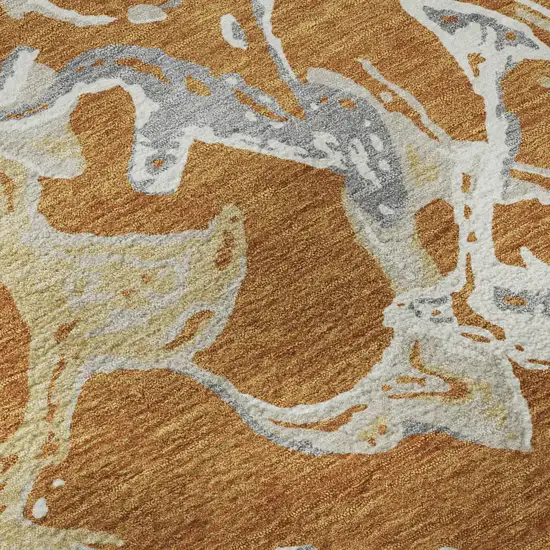 8' Copper Gray And Ivory Abstract Washable Round Rug With UV Protection Photo 8