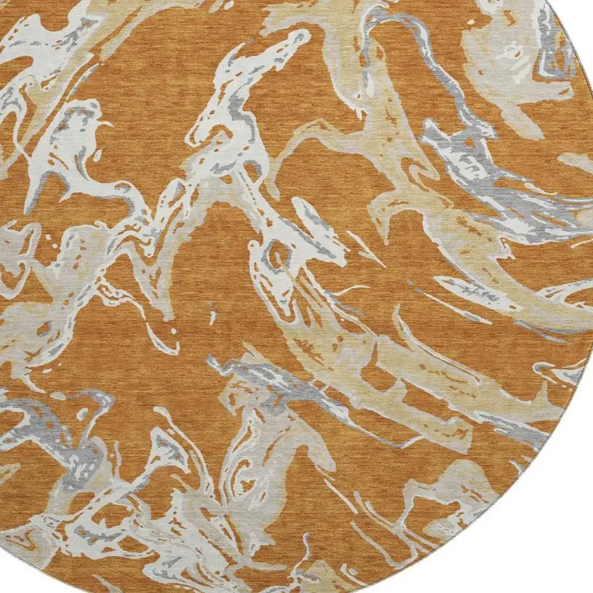 8' Copper Gray And Ivory Abstract Washable Round Rug With UV Protection Photo 2