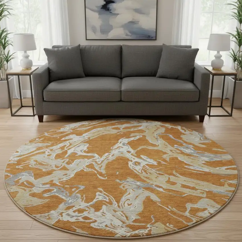 8' Copper Gray And Ivory Abstract Washable Round Rug With UV Protection Photo 2