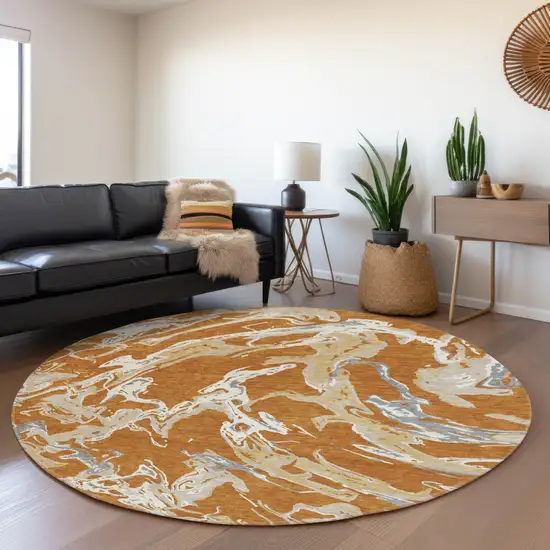 8' Copper Gray And Ivory Abstract Washable Round Rug With UV Protection Photo 4
