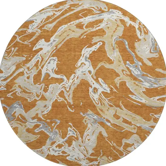 8' Copper Gray And Ivory Abstract Washable Round Rug With UV Protection Photo 3