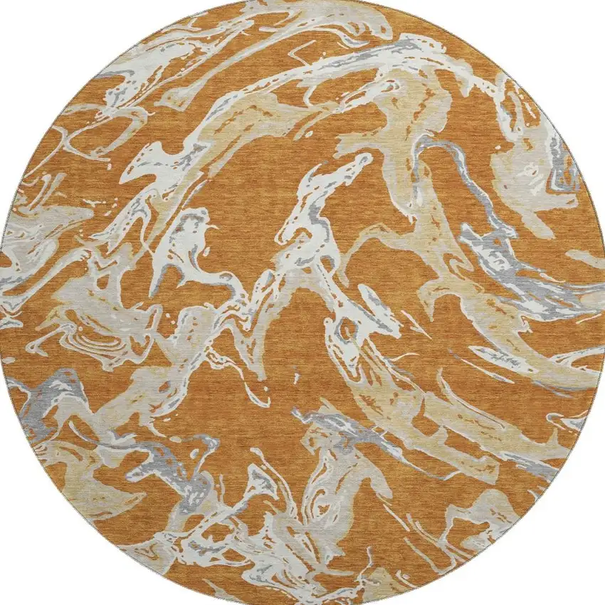 8' Copper Gray And Ivory Abstract Washable Round Rug With UV Protection Photo 3