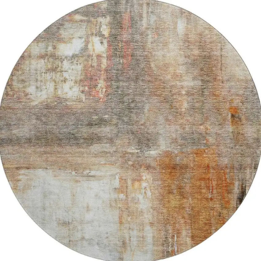 8' Copper Gray And Ivory Abstract Washable Round Rug With UV Protection Photo 2
