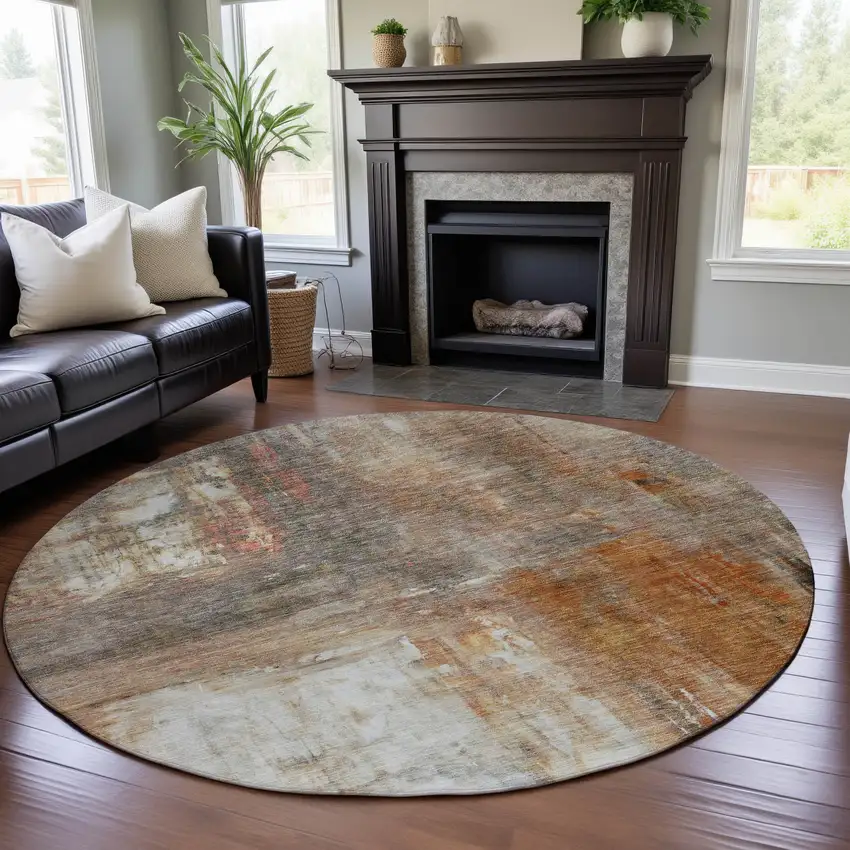 8' Copper Gray And Ivory Abstract Washable Round Rug With UV Protection Photo 3