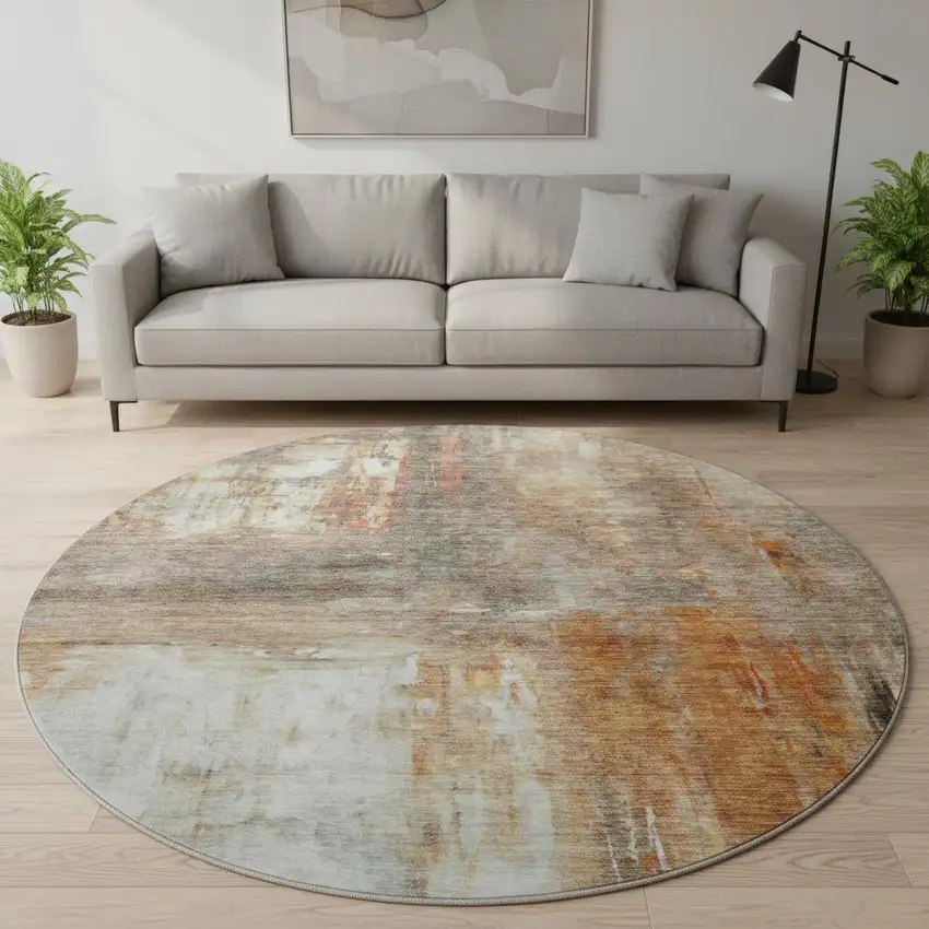 8' Copper Gray And Ivory Abstract Washable Round Rug With UV Protection Photo 2