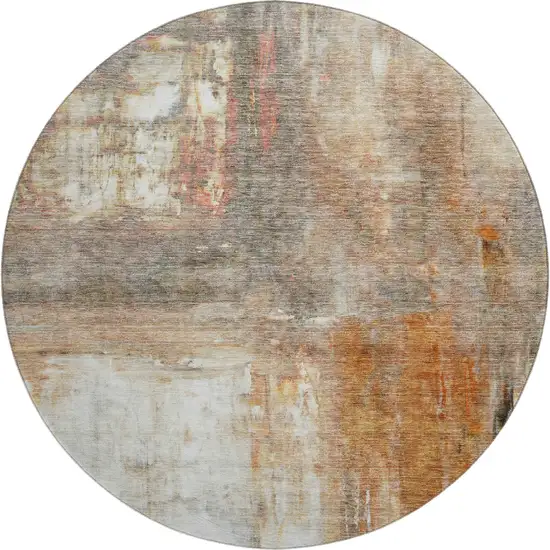 8' Copper Gray And Ivory Abstract Washable Round Rug With UV Protection Photo 1