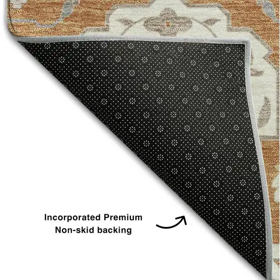 8' Copper Gray And Ivory Damask Washable Round Rug With UV Protection Photo 5