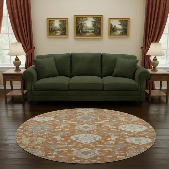 8' Copper Gray And Ivory Damask Washable Round Rug With UV Protection Photo 2
