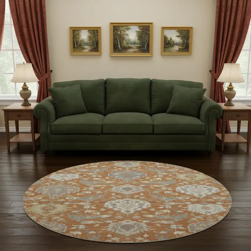8' Copper Gray And Ivory Damask Washable Round Rug With UV Protection Photo 2