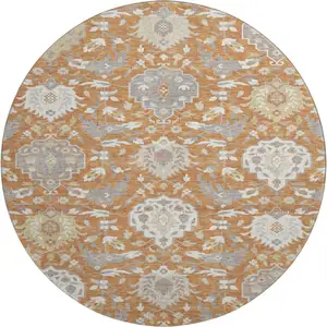 Photo of 8' Copper Gray And Ivory Damask Washable Round Rug With UV Protection