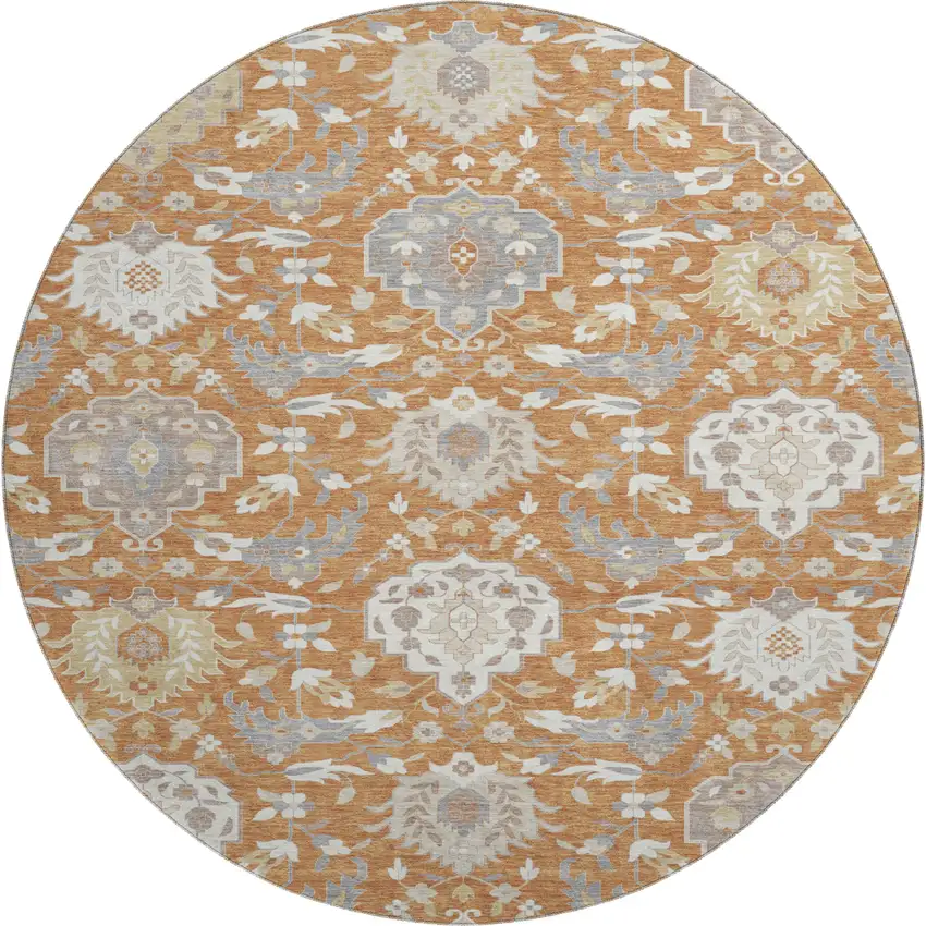 8' Copper Gray And Ivory Damask Washable Round Rug With UV Protection Photo 1