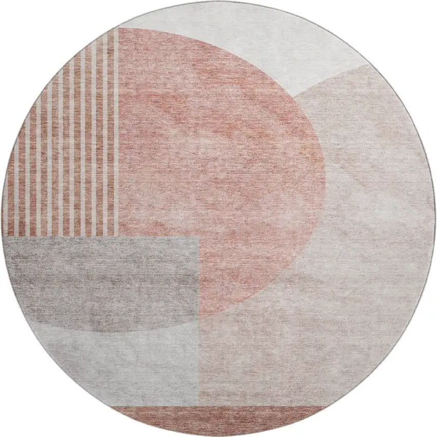 8' Copper Gray And Ivory Geometric Washable Round Rug With UV Protection Photo 1