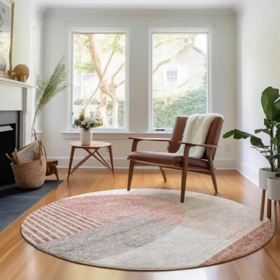 8' Copper Gray And Ivory Geometric Washable Round Rug With UV Protection Photo 5