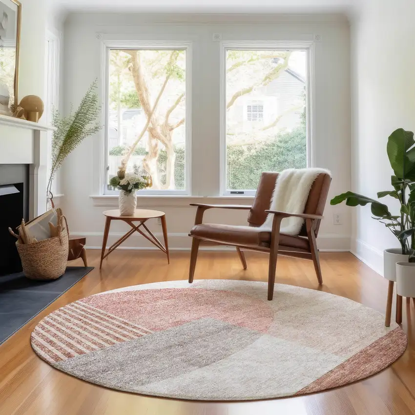 8' Copper Gray And Ivory Geometric Washable Round Rug With UV Protection Photo 5