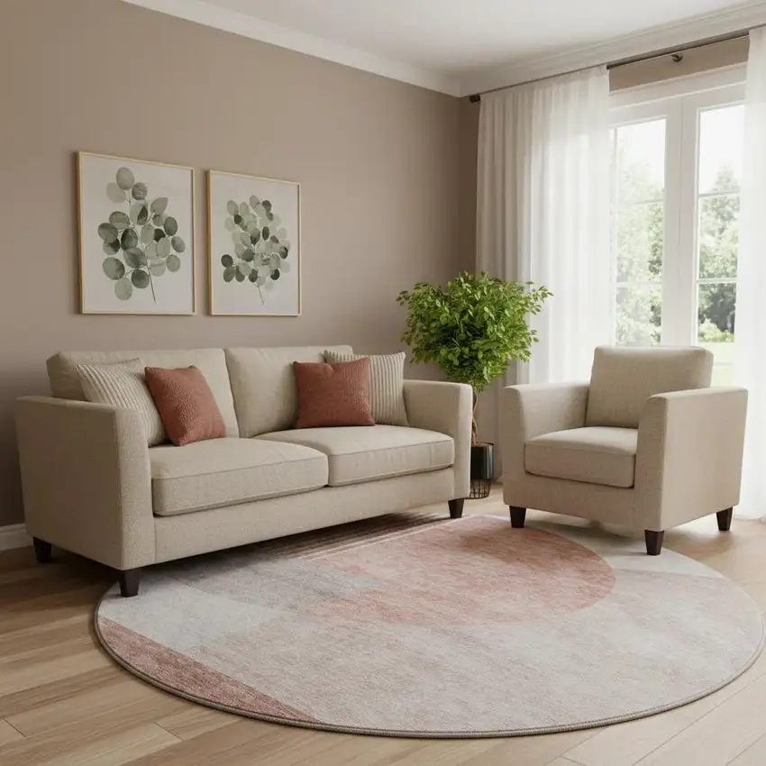 8' Copper Gray And Ivory Geometric Washable Round Rug With UV Protection Photo 1