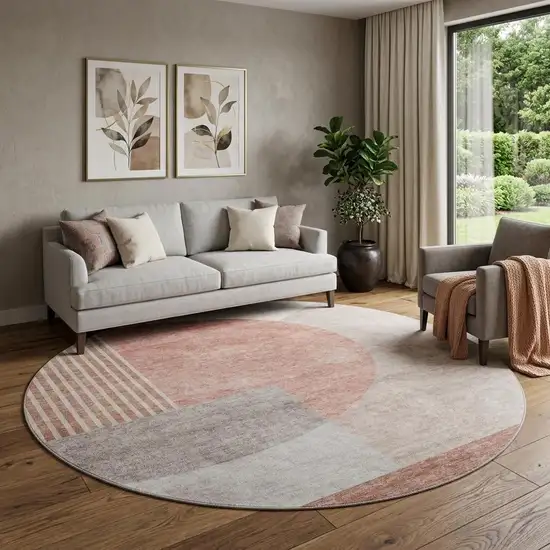 8' Copper Gray And Ivory Geometric Washable Round Rug With UV Protection Photo 1