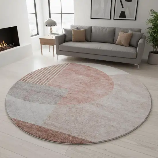 8' Copper Gray And Ivory Geometric Washable Round Rug With UV Protection Photo 2