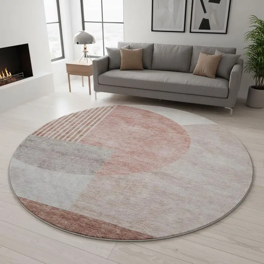 8' Copper Gray And Ivory Geometric Washable Round Rug With UV Protection Photo 2