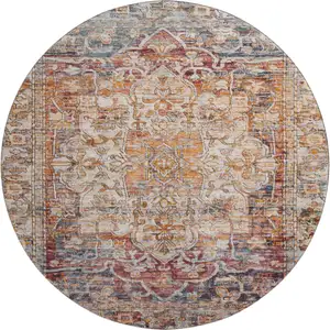 Photo of 8' Copper Gray And Ivory Oriental Washable Round Rug With UV Protection