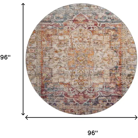 8' Copper Gray And Ivory Oriental Washable Round Rug With UV Protection Photo 9