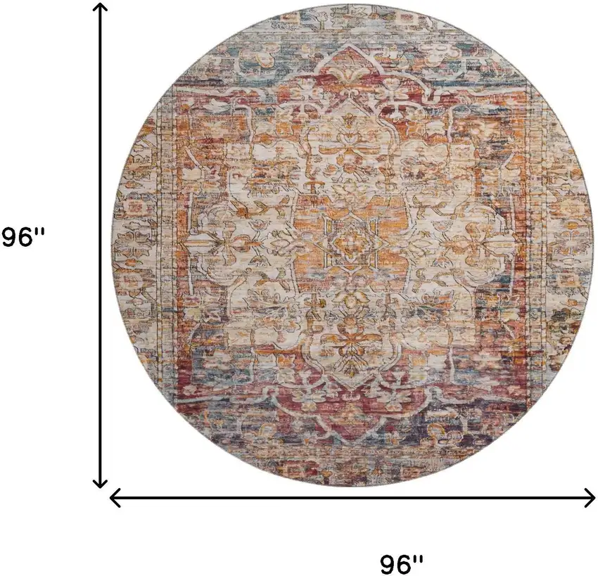 8' Copper Gray And Ivory Oriental Washable Round Rug With UV Protection Photo 9