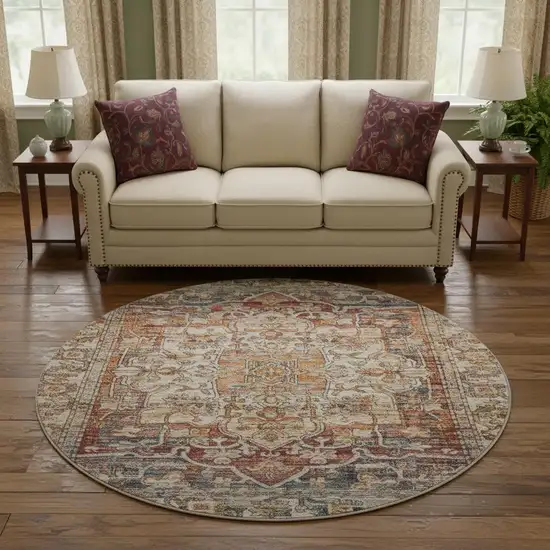 8' Copper Gray And Ivory Oriental Washable Round Rug With UV Protection Photo 2