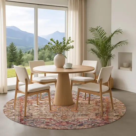 8' Copper Gray And Ivory Oriental Washable Round Rug With UV Protection Photo 4