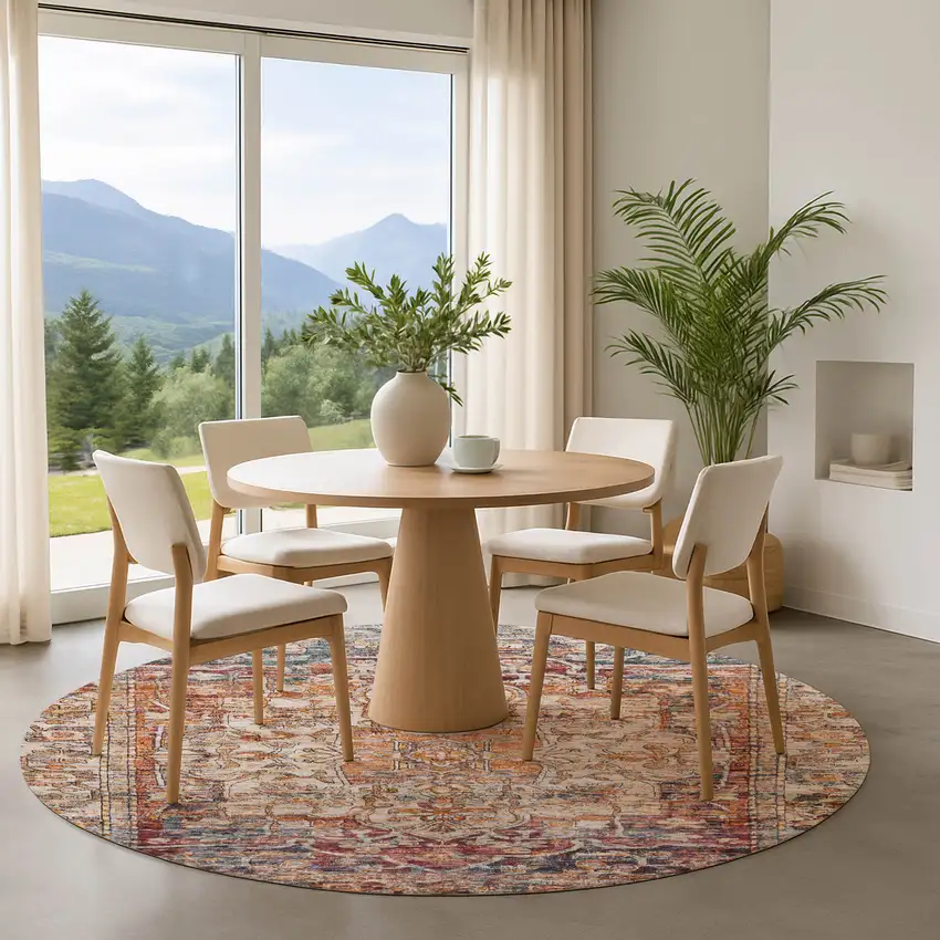 8' Copper Gray And Ivory Oriental Washable Round Rug With UV Protection Photo 4