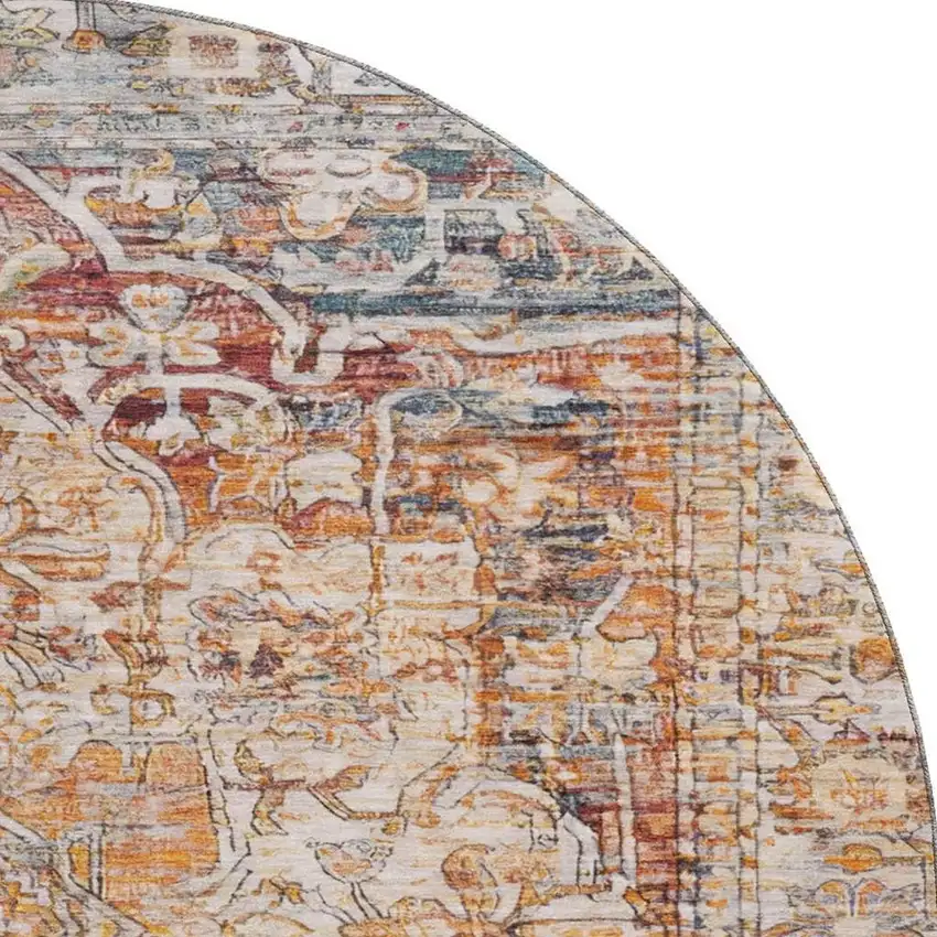 8' Copper Gray And Ivory Oriental Washable Round Rug With UV Protection Photo 3