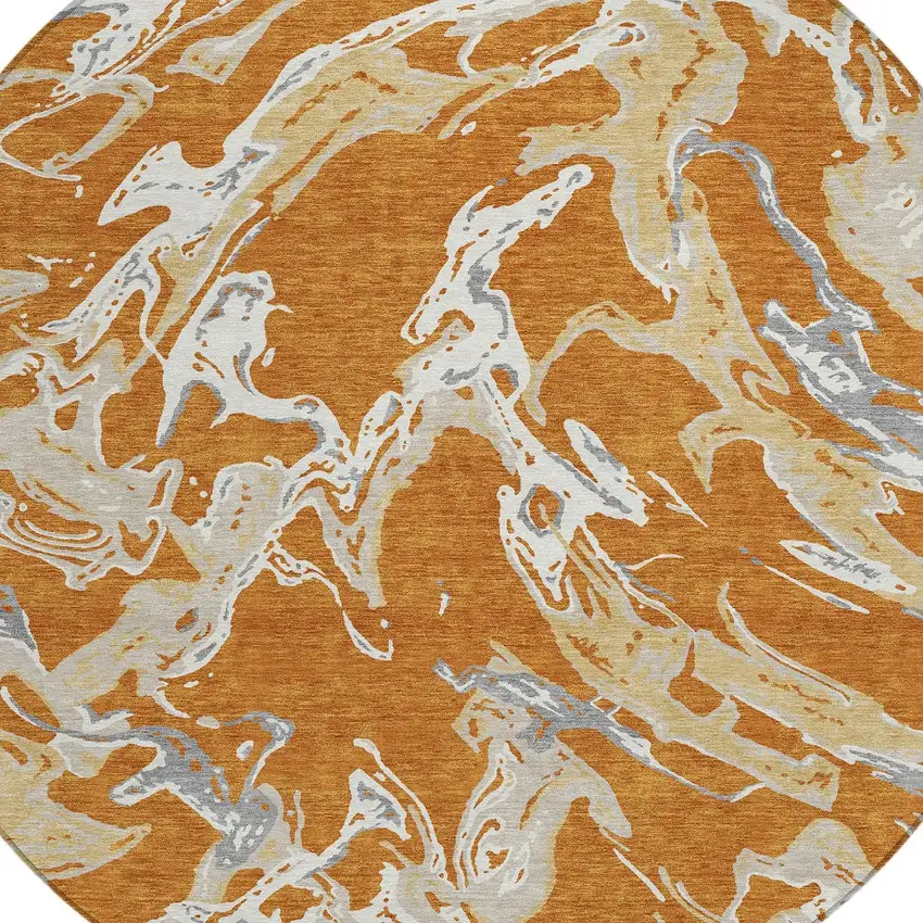 8' Copper Gray And Ivory Round Abstract Washable Indoor Outdoor Area Rug Photo 4