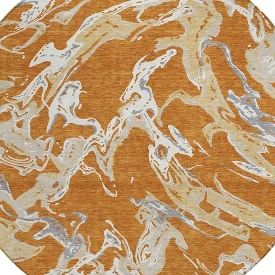 8' Copper Gray And Ivory Round Abstract Washable Indoor Outdoor Area Rug Photo 4