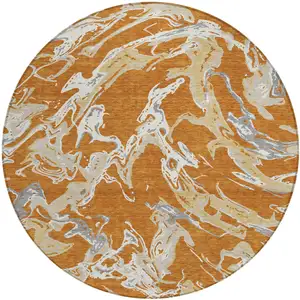 Photo of 8' Copper Gray And Ivory Round Abstract Washable Indoor Outdoor Area Rug